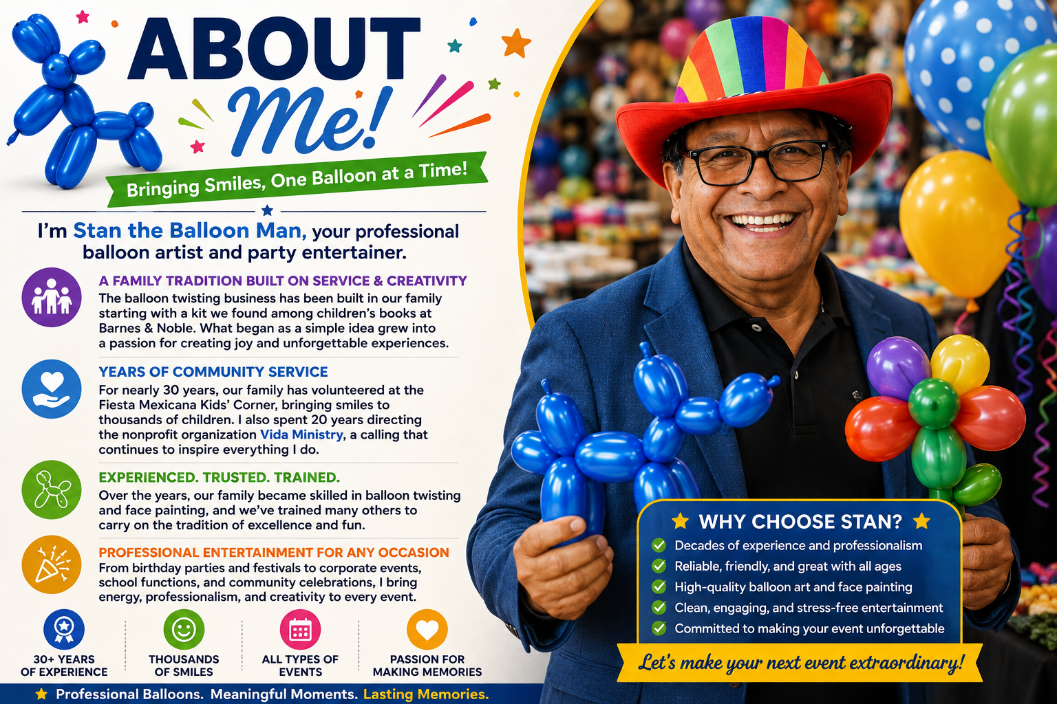 About Stan the Balloon Man: professional balloon artist in a rainbow hat, with a balloon dog and balloon flower, sharing 30+ years of experience, family tradition, community service with Vida Ministry, and professional entertainment for any occasion