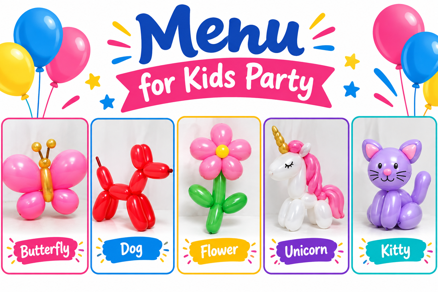 Carnival Corner balloon creations menu showing a balloon dog, sword, unicorn horse, flower, butterfly, and kitty