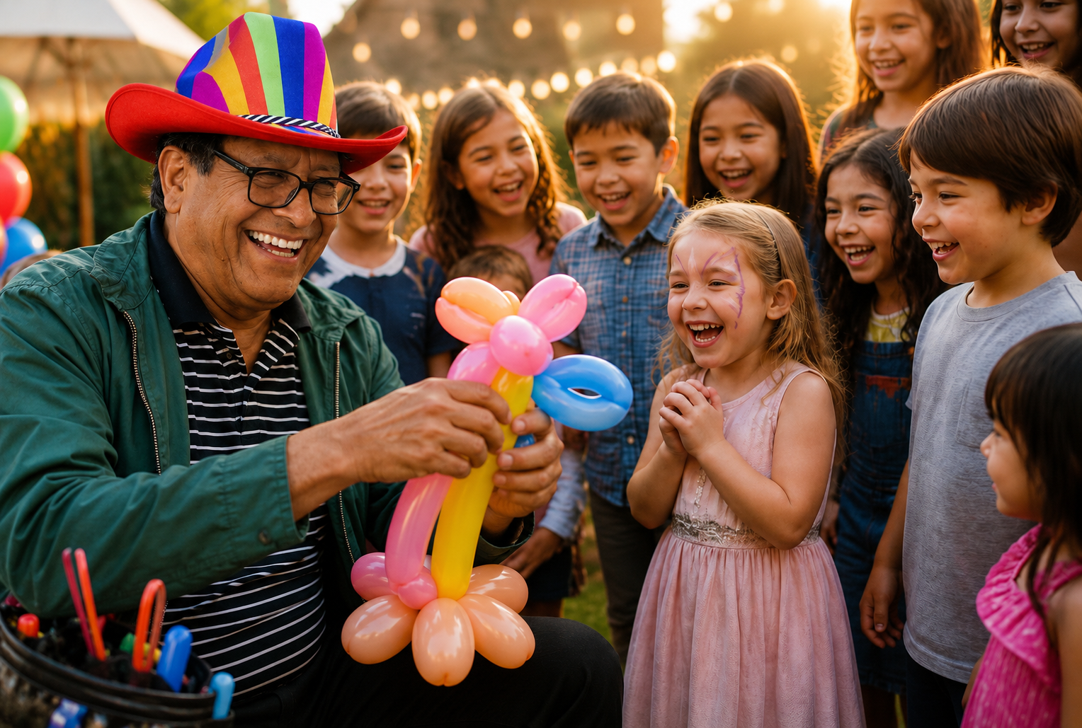 Party entertainer creating a balloon sculpture for laughing children at a celebration